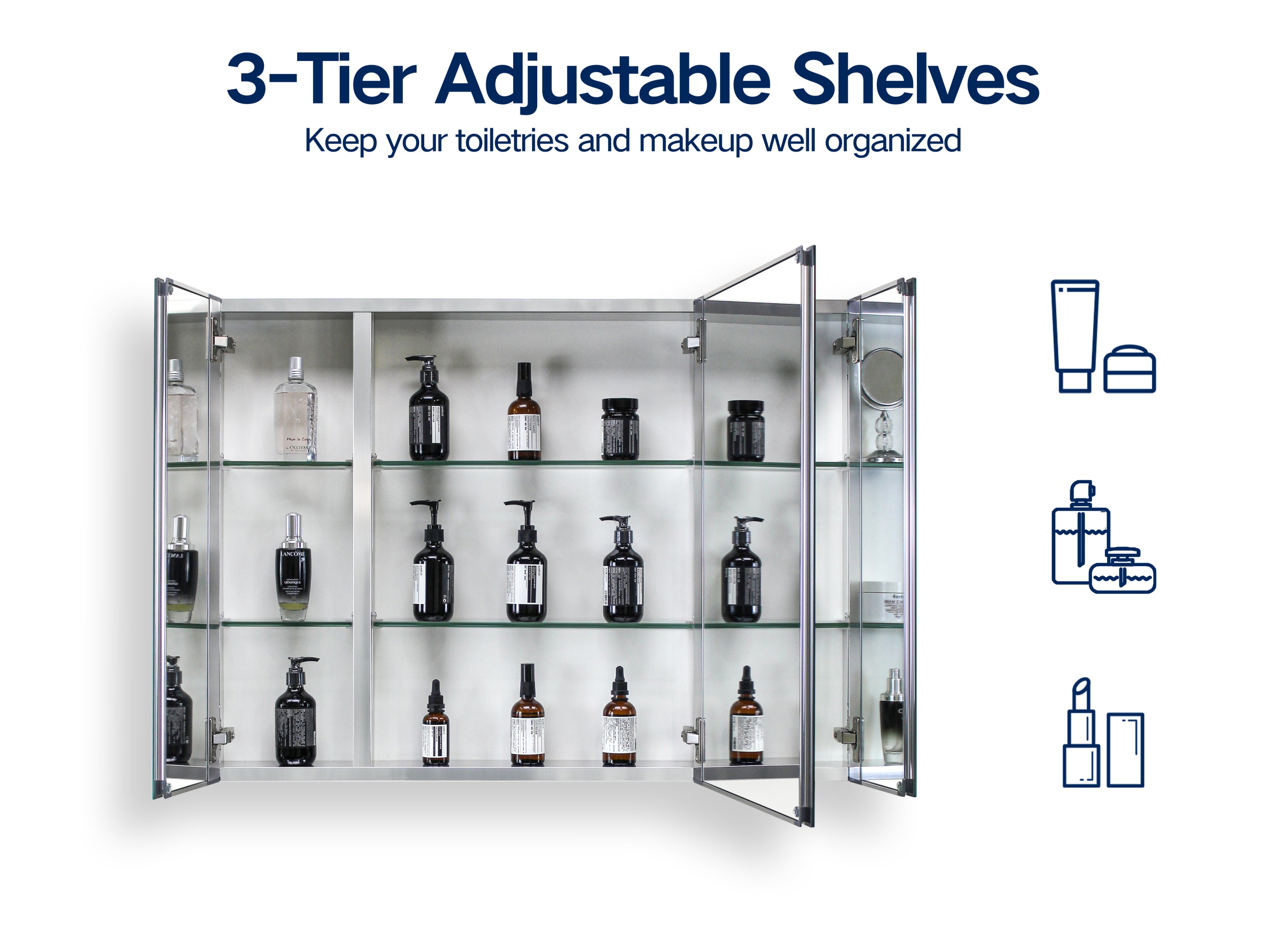 36x26 inch Aluminum Bathroom Medicine Cabinet, Adjustable Glass Shelves, Waterproof and Rust-Resist, Recess or Surface Mount Installation